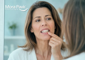 Mujer preocupada revisando sus encías frente al espejo por posibles síntomas de periodontitis.